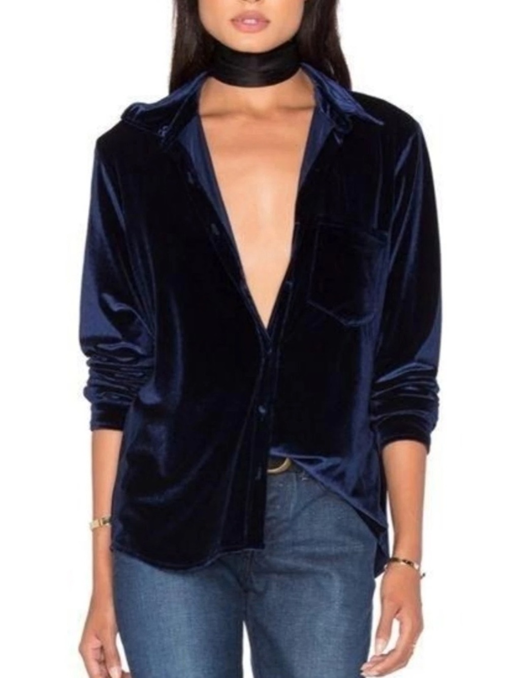 LPA women’s Velvet Button-Down Shirt in Navy oversized, size XS